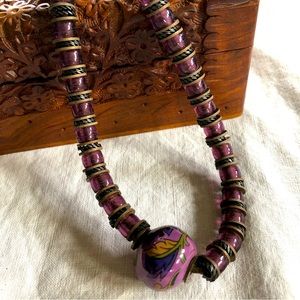 Vintage Artisanal Beaded Necklace. Amethyst Color Glass Beads 18 inches
